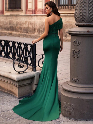 Trendy One Shoulder Dark Green Mermaid Prom Dress JTE676