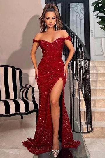 Trendy Burgundy Off-the-Shoulder Sequins Mermaid Prom Gown JTE680