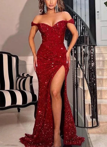 Trendy Burgundy Off-the-Shoulder Sequins Mermaid Prom Gown JTE680