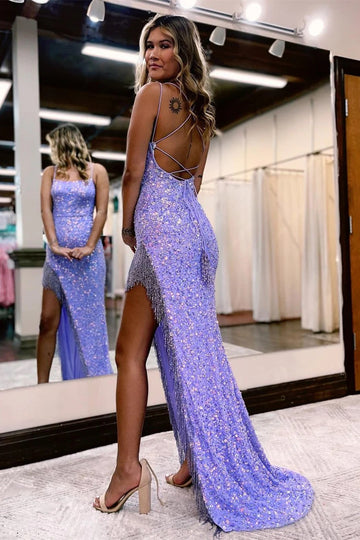 Trendy Purple Spaghetti-Straps Sequin Mermaid Prom Gown JTE684