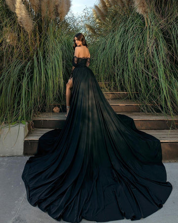 Trendy Black Off-the-Shoulder Long Sleeve Prom Gown JTE685
