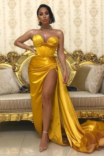 Trendy Plus Size Gold Yellow Sweetheart Prom Gown JTE686 with Sexy Slit