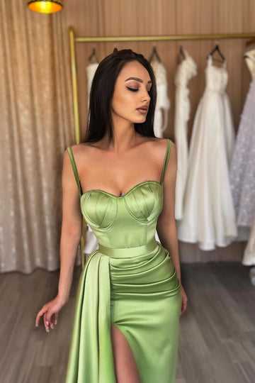 Trendy Spaghetti-Straps Sage Green Prom Gown JTE690 with Sexy Slit
