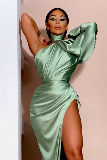 Trendy Dusty Green One Sleeve Sexy Slit Mermaid Evening Gown JTE697