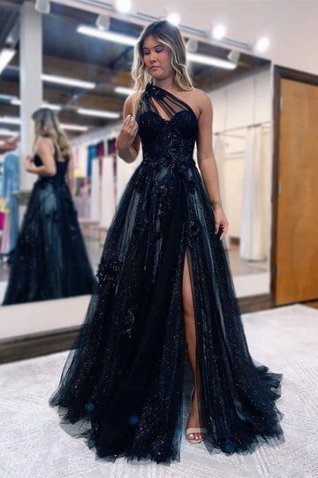 Trendy Black One Shoulder A-line Lace Junior Prom Gown JTE700