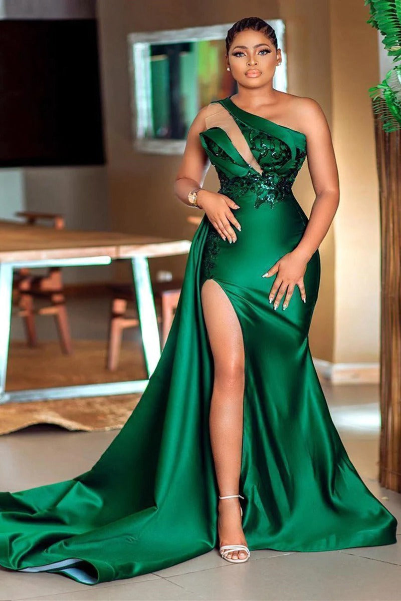 Trendy Plus Size Dark Green One Shoulder Split Mermaid Evening Gown JTE708
