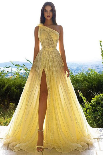 Trendy A-line Yellow One Shoulder Daffodil Slit Prom Gown JTE712