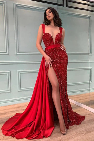 Trendy Straps Red Beadings Underskirt Mermaid Slit Prom Gown JTE716