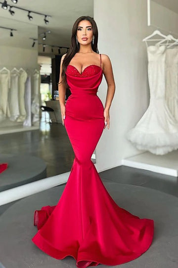 Trendy Red Spaghetti-Straps Mermaid Prom Gown JTE717