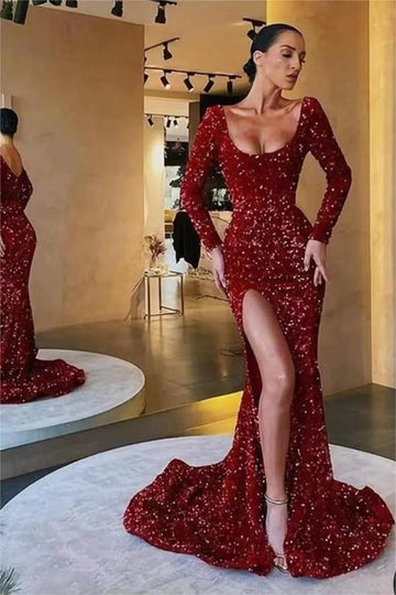 Trendy Burgundy Long Sleeve Square Slit Mermaid Prom Gown JTE718