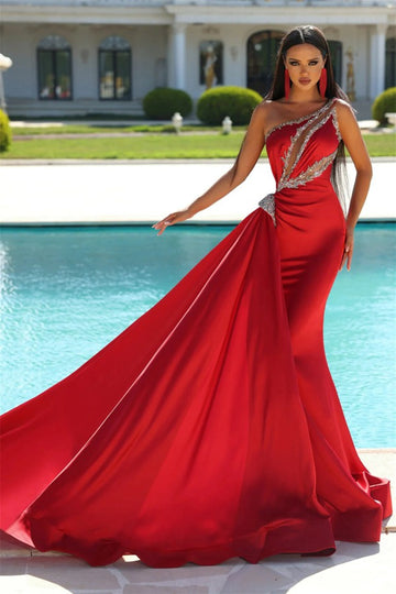 Trendy Red One-Shoulder Beaded Mermaid Prom Gown JTE721