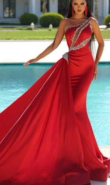 Trendy Red One-Shoulder Beaded Mermaid Prom Gown JTE721