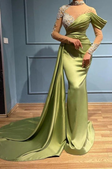 Trendy Sage Green Long Sleeve Mermaid Prom Gown JTE722