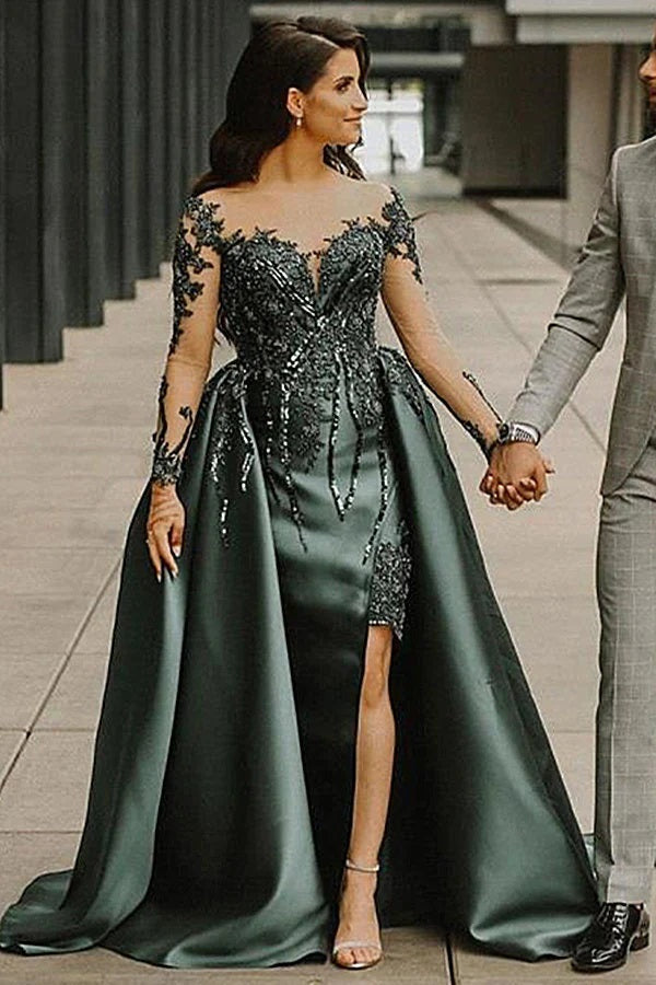Trendy Dusty Green Long Sleeve Lace Beading Prom Gown JTE727