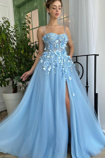 Trendy Blue A-line Junior Spaghetti Strap Lace Appliques Prom Gown JTE728