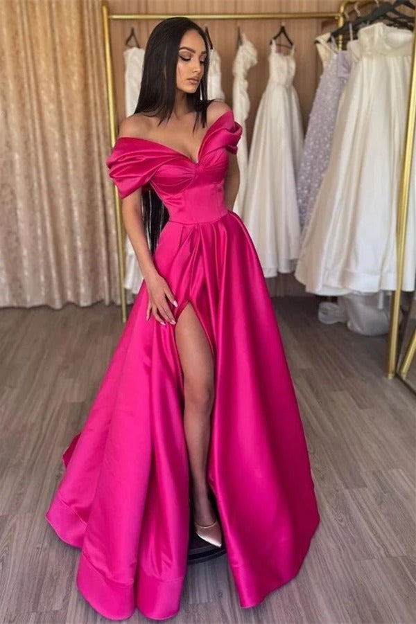 Trendy Fuchsia A-line Off-the-shoulder V-neck Evening Gown JTE739