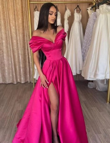 Trendy Fuchsia A-line Off-the-shoulder V-neck Evening Gown JTE739