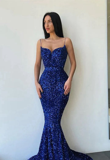 Trendy Spaghetti-Straps Royal Blue Mermaid Evening Gown JTE745