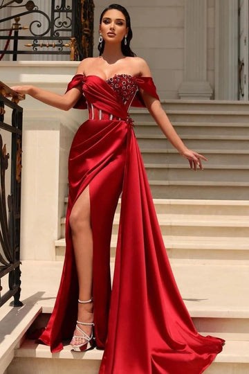 Trendy Red Off-the-shoulder Beading High Split Mermaid Prom Gown JTE746