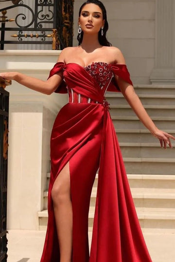 Trendy Red Off-the-shoulder Beading High Split Mermaid Prom Gown JTE746