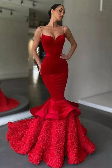 Trendy Red Spaghetti Straps Mermaid Evening Gown JTE748
