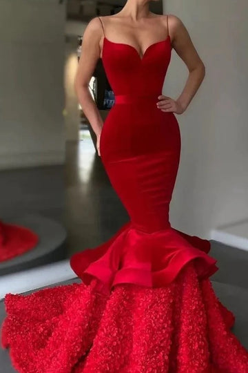 Trendy Red Spaghetti Straps Mermaid Evening Gown JTE748