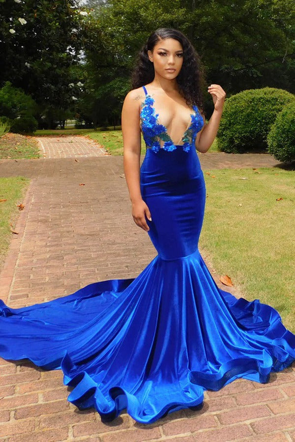 Trendy V-neck Royal Blue Spaghetti Straps Mermaid Evening Gown JTE749
