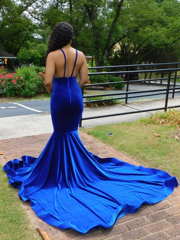 Trendy V-neck Royal Blue Spaghetti Straps Mermaid Evening Gown JTE749