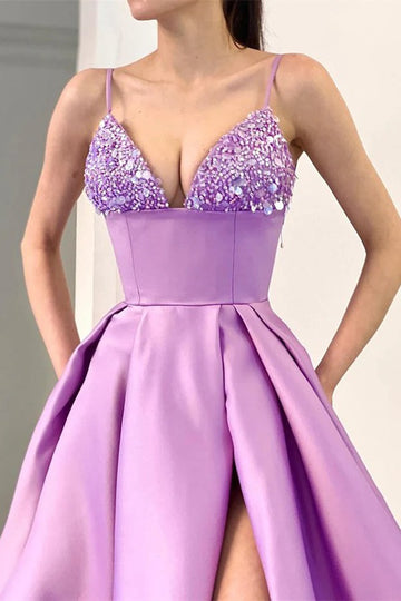 V-neck A-line Purple Lilac Spaghetti-Straps Split Evening Gown JTE750