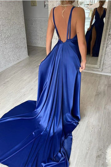 Trendy Plus V-neck Royal Blue V-Neck Split Mermaid Evening Gown JTE751