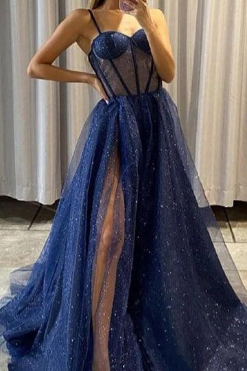 Trendy Spaghetti Strap Navy Blue Slit A-line Evening Gown JTE753