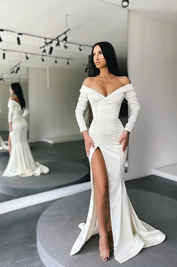 Trendy White Long Sleeve Off-the-shoulder Slit Mermaid Prom Gown JTE759