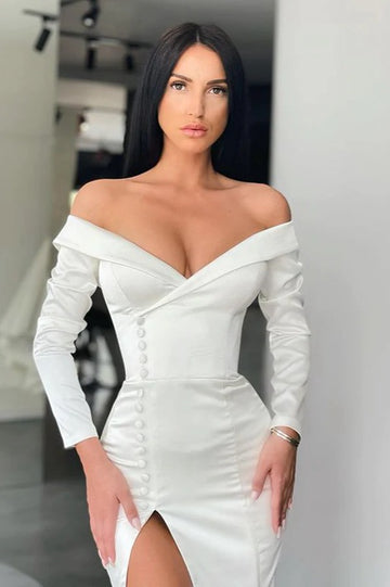 Trendy White Long Sleeve Off-the-shoulder Slit Mermaid Prom Gown JTE759