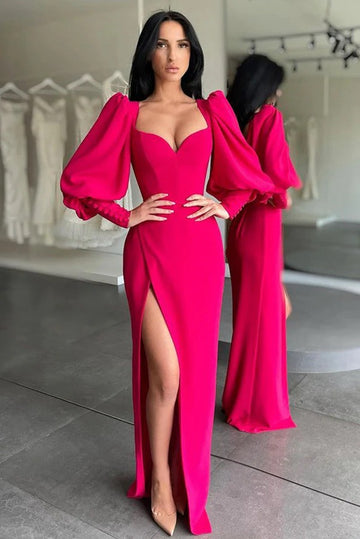 Trendy Hot Red Bubble Long Sleeves Sweetheart Slit Sheath Evening Gown JTE761