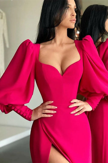 Trendy Hot Red Bubble Long Sleeves Sweetheart Slit Sheath Evening Gown JTE761