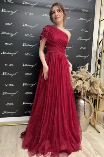 Trendy Burgundy Junior Long Glitter A-line One Shoulder Evening Gown JTE769