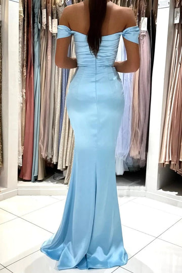 Trendy Sky Blue Off the Shoulder Satin Mermaid Evening Gown JTE770