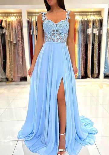 Trendy Sky-Blue Junior Straps Chiffon Prom Gown JTE771