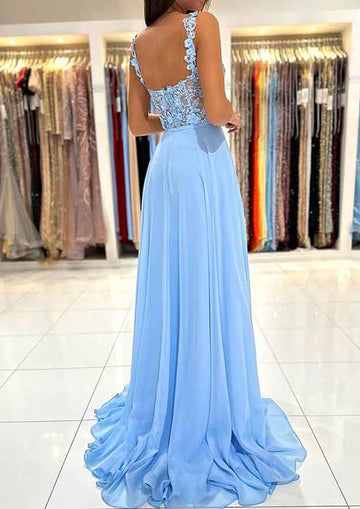 Trendy Sky-Blue Junior Straps Chiffon Prom Gown JTE771