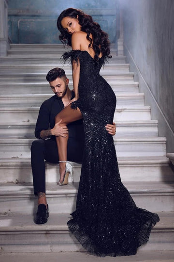 Trendy Black Mermaid Strapless Off the Shoulder Celebrity Evening Gown JTE774