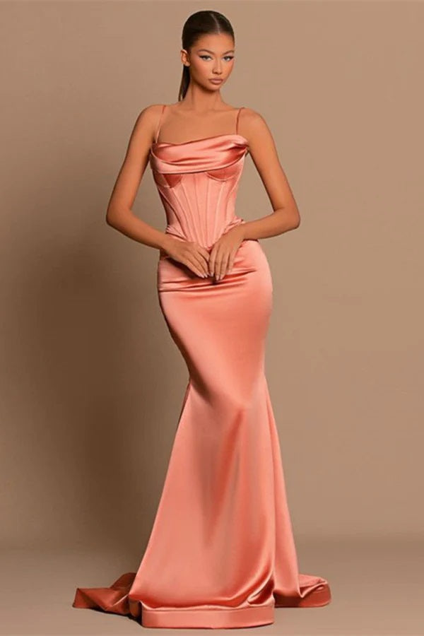 Trendy Coral Pink Spaghetti-Straps Satin Mermaid Evening Gown JTE776