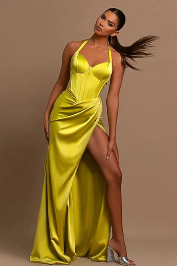 Trendy Yellow Sexy Slit Satin Mermaid Evening Gown JTE777