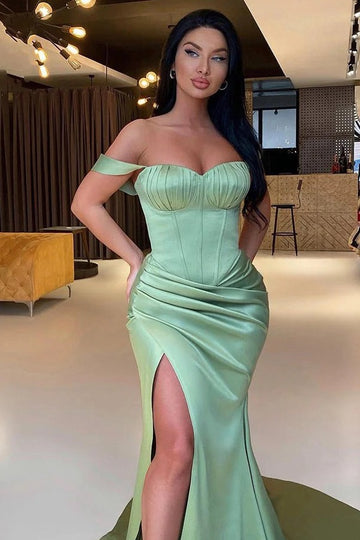 Trendy Dusty Green Off-the-Shoulder Satin Split Mermaid Evening Gown JTE779