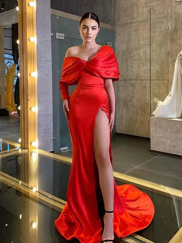 Trendy Red Off-the-Shoulder Satin Split Mermaid Evening Gown JTE780