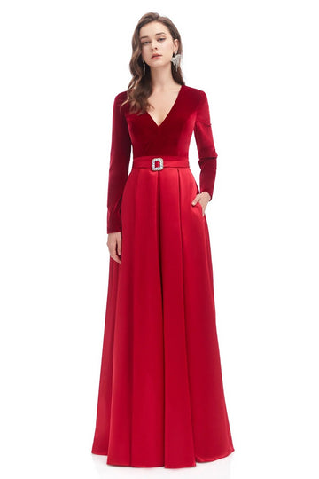 Trendy A-line Red Long Sleeve V-neck Prom Gown JTE781