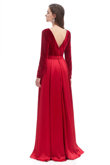Trendy A-line Red Long Sleeve V-neck Prom Gown JTE781