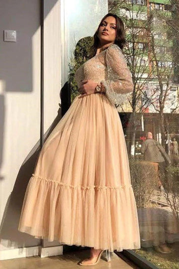 Trendy Champagne Long Sleeve Sequin Princess Evening Gown JTE795