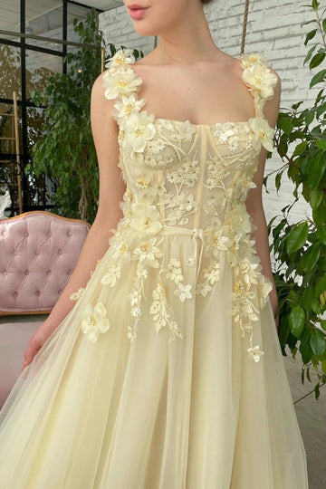 Trendy Yellow Junior A-line Square Neck Appliques Princess Prom Gown JTE796