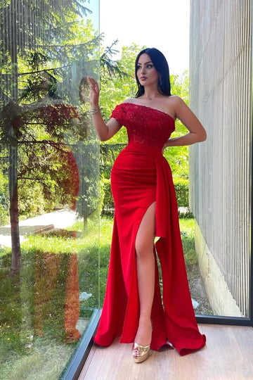 Trendy Red One Shoulder Beading Lace Mermaid Prom Gown JTE797