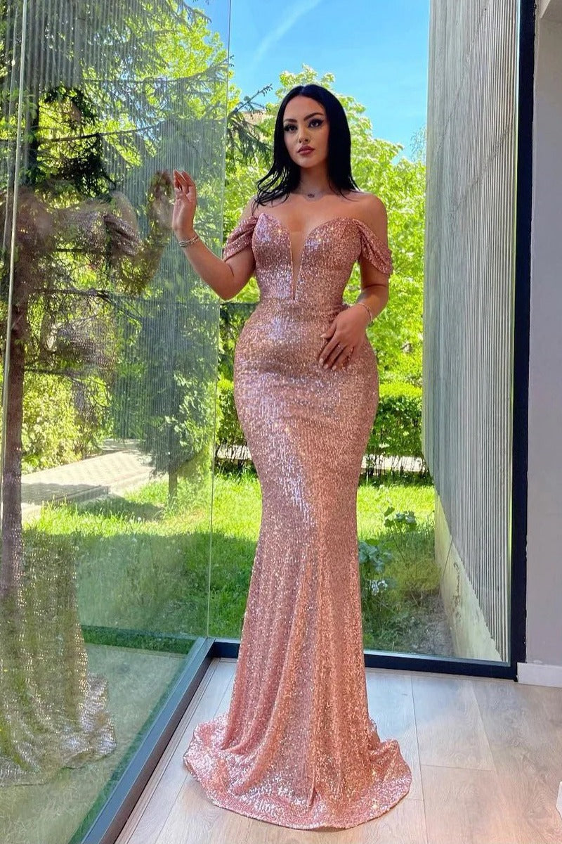 Trendy Rose Gold Long Sleeve Off The Shoulder Sequin Mermaid Evening Gown JTE798